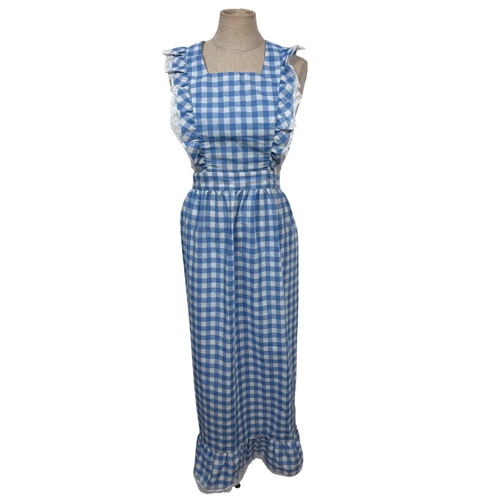VTG Decorative Design Apron L Blue Gingham Ruffle Tradwife Cottage Chic Hostess